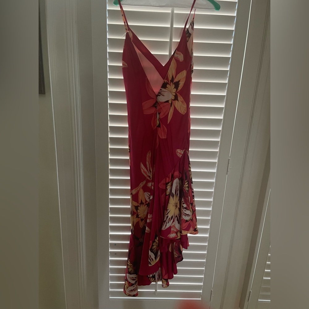 PatBO Carmen Floral Asymmetrical Slip Dress Pink Bias Cut Ruffle Hem Size 4 - Picture 6 of 11